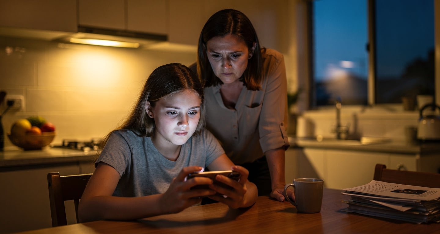 Australian mother watching teenager scroll video feed on phone at home