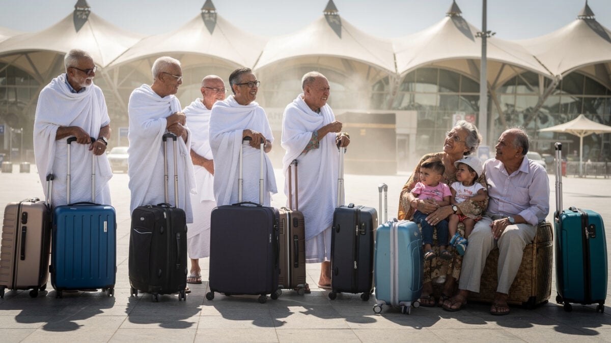Elderly pilgrims waiting with suitcases outside Jeddah Hajj Terminal