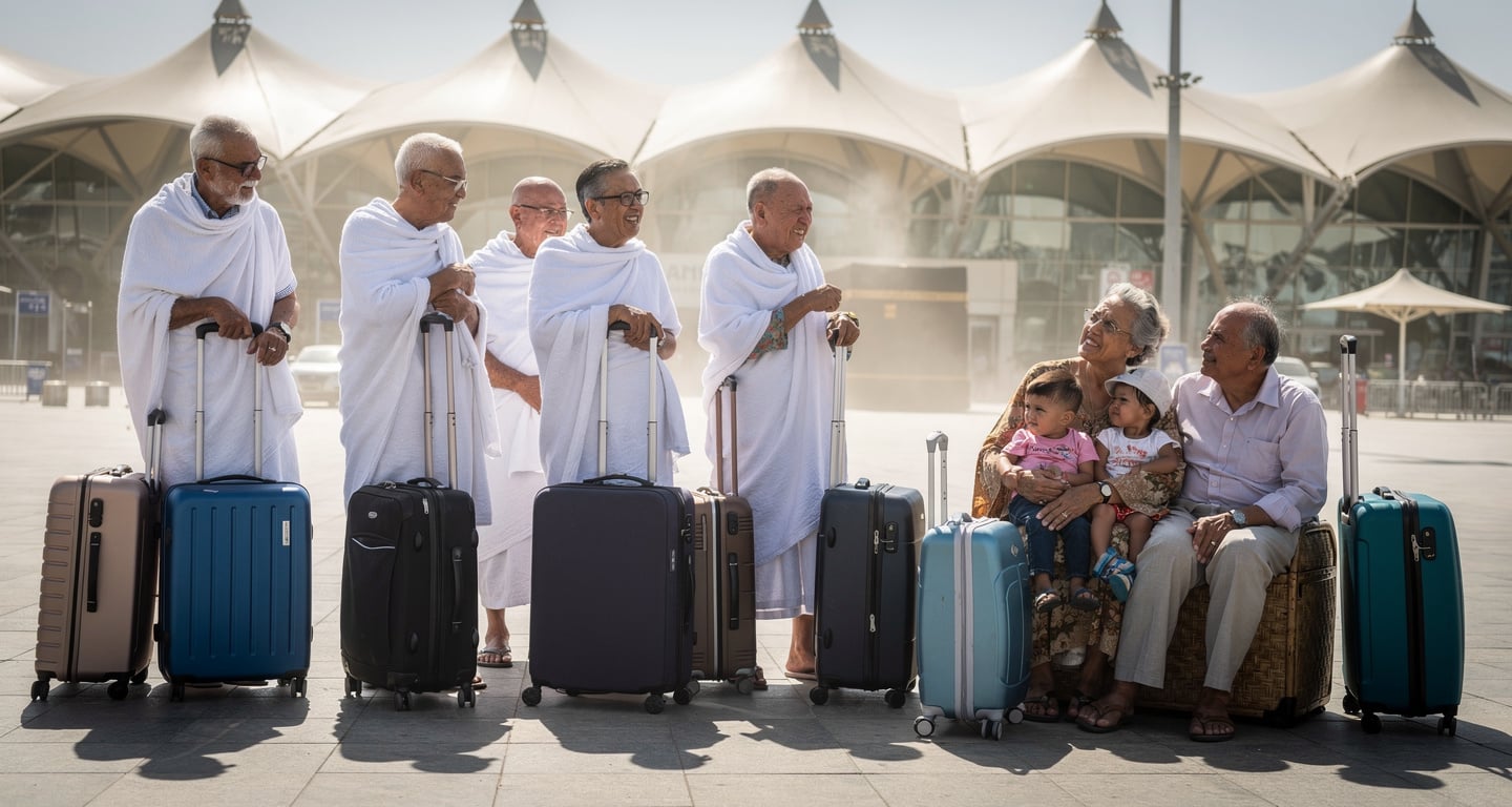 Elderly pilgrims waiting with suitcases outside Jeddah Hajj Terminal