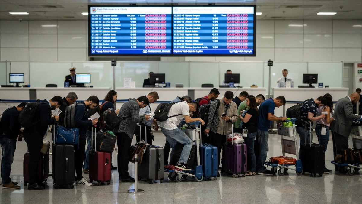 Passengers queueing at a Jeddah airport counter under a cancelled-flights board