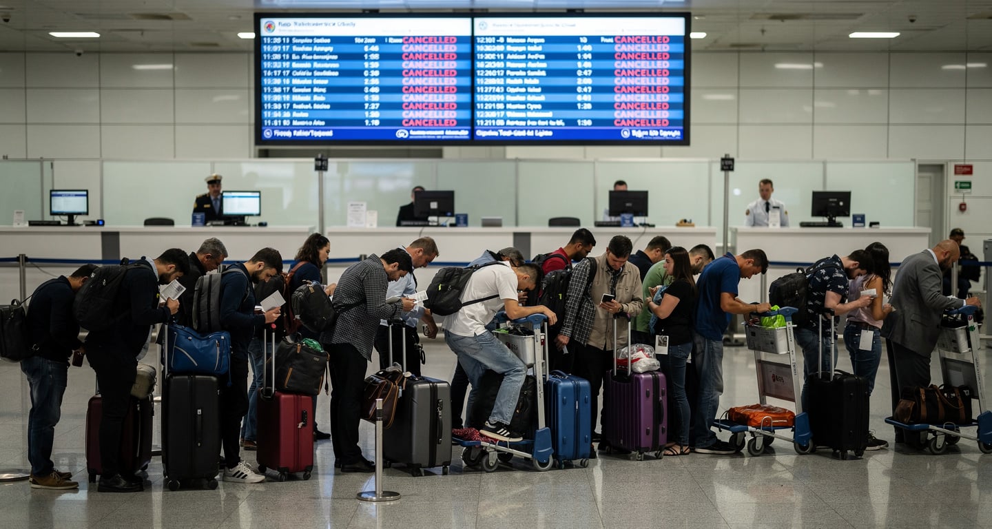Passengers queueing at a Jeddah airport counter under a cancelled-flights board