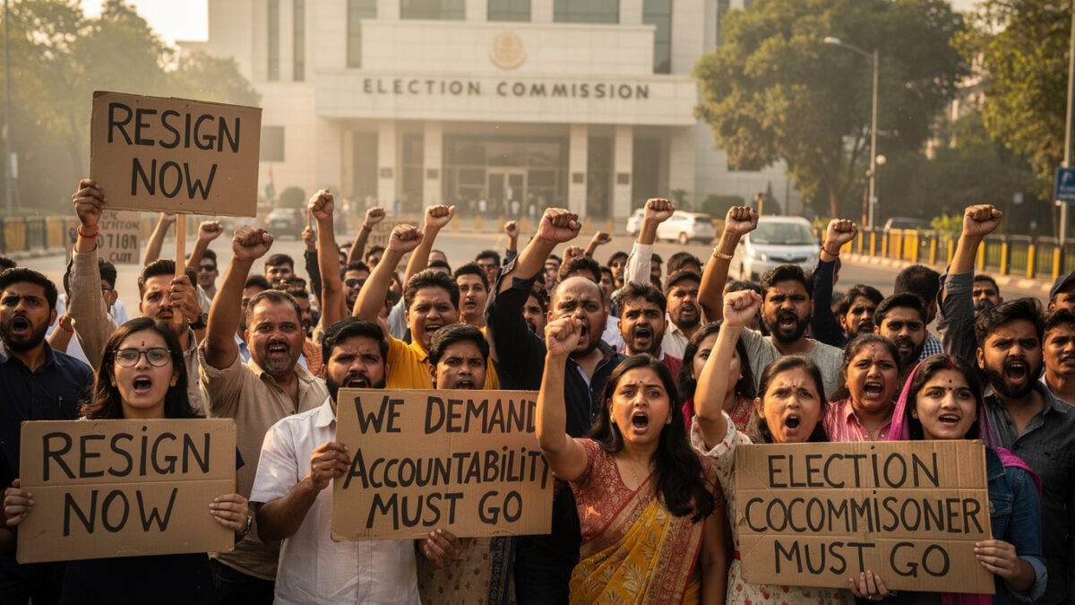 Protesters with placards demanding resignation outside Election Commission headquarters, New Delhi