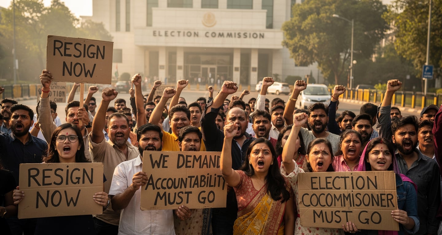 Protesters with placards demanding resignation outside Election Commission headquarters, New Delhi