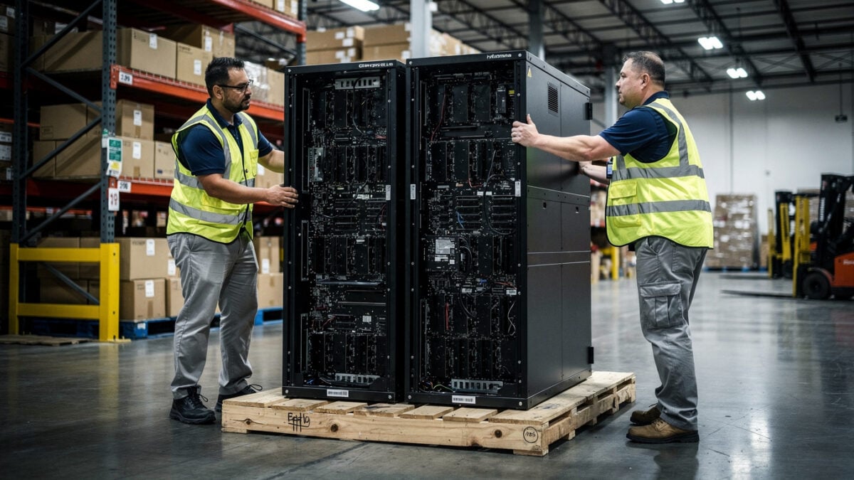Warehouse workers loading server racks with GPU units onto cargo pallet at Los Angeles distribution center