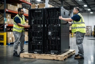 Warehouse workers loading server racks with GPU units onto cargo pallet at Los Angeles distribution center