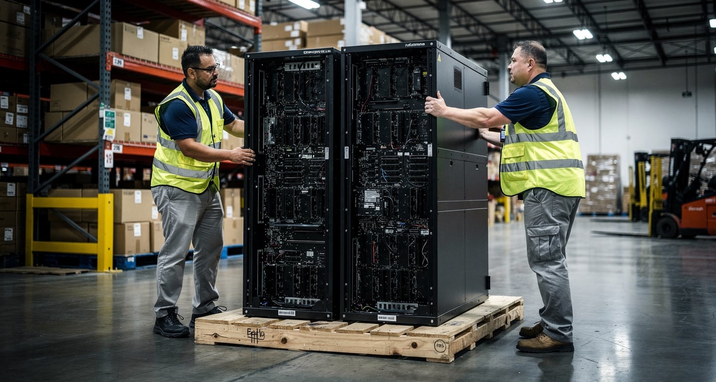 Warehouse workers loading server racks with GPU units onto cargo pallet at Los Angeles distribution center